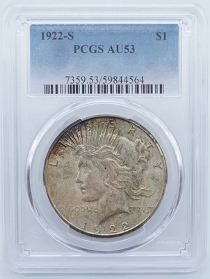 1922 S Peace Silver Dollar $1 PCGS AU53 - U378 - Image 1 of 4