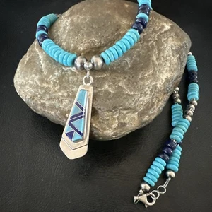 Blue Lapis Turquoise Inlay Pendant Navajo Sterling Silver Necklace 20" 19657 - Picture 1 of 13