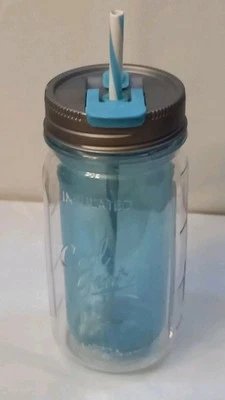 16oz  CoolGear Insulated Plastic Mason Jar Tumbler Sip it Or Chug It Blue GUC - Image 1 of 4