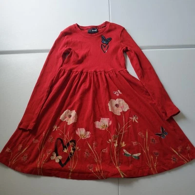 Desigual Dress Girls 9/10 Red Long Sleeve Floral Butterfly Skater Casual Print - Image 1 of 4