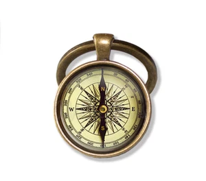 Vintage Compass Rose Traveler Navigator of Life - Handmade Glass Pendant KEYRING - Picture 1 of 7