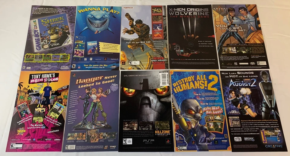 lot of ten 2000s VIDEO GAME ADS~Shrek,Tomb Raider,Danger Girl,Wolverine, more - Image 1 of 1