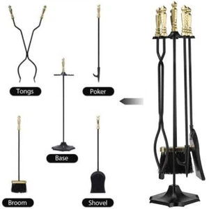 Rustic Wrought Iron 5pcs Fireplace Tool Set w/ Poker Tongs Broom Shovel Stand - Picture 1 of 8
