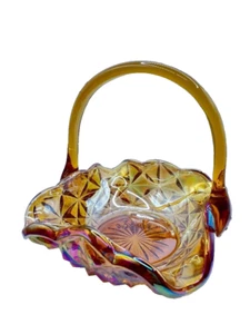 Vintage Amber Irridesent Carnival Glass Basket with Handle - Picture 1 of 12