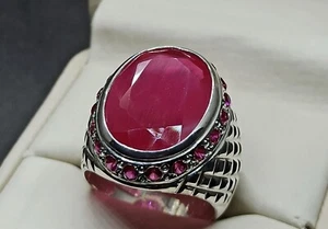 Großer 28 Karat tiefroter Rubin Sterling Silber 925 Roby Handarbeit Yakoot Herren Ring - Bild 1 von 12