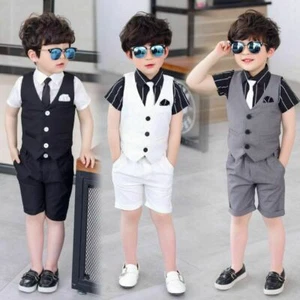 4PCS Kid Boy Vest+Shirt+Shorts+Necktie Formal Wedding Party Show Clothes Outfits - Picture 1 of 15