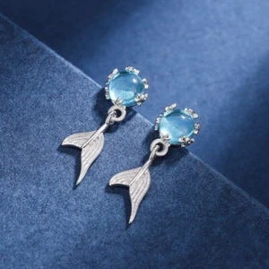 925 Sterling Silver Blue CZ Crystal Mermaid Stud Drop Earrings Women Girls Gift - Picture 1 of 8