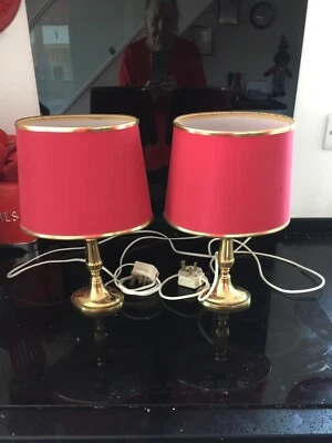2 Brass Table Lamps with Red/Burgundy Shades. 13.5" High. - Image 1 of 4