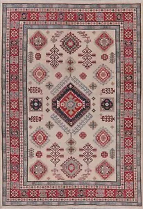 Geometric Ivory Super Kazak Area Rug Vegetable Dye Hand-Knotted Wool Carpet 6x9 - Picture 1 of 12