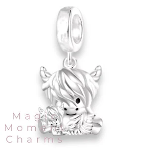 Sterling Silver S925 - Dangle HIGHLAND COW European Charm & Pouch-Hairy Scotland - Picture 1 of 7