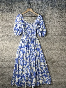 La Ligne Women Lola Floral 100% Silk Midi Dress Blue White Scoop Neck Size Small - Picture 1 of 10