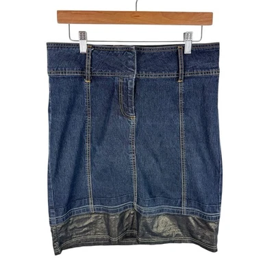 Falda vaquera Bisou Bisou Y2K años 90 ribete dorado brillante hasta la rodilla mezcla de algodón talla 10 Foto 1 de 4