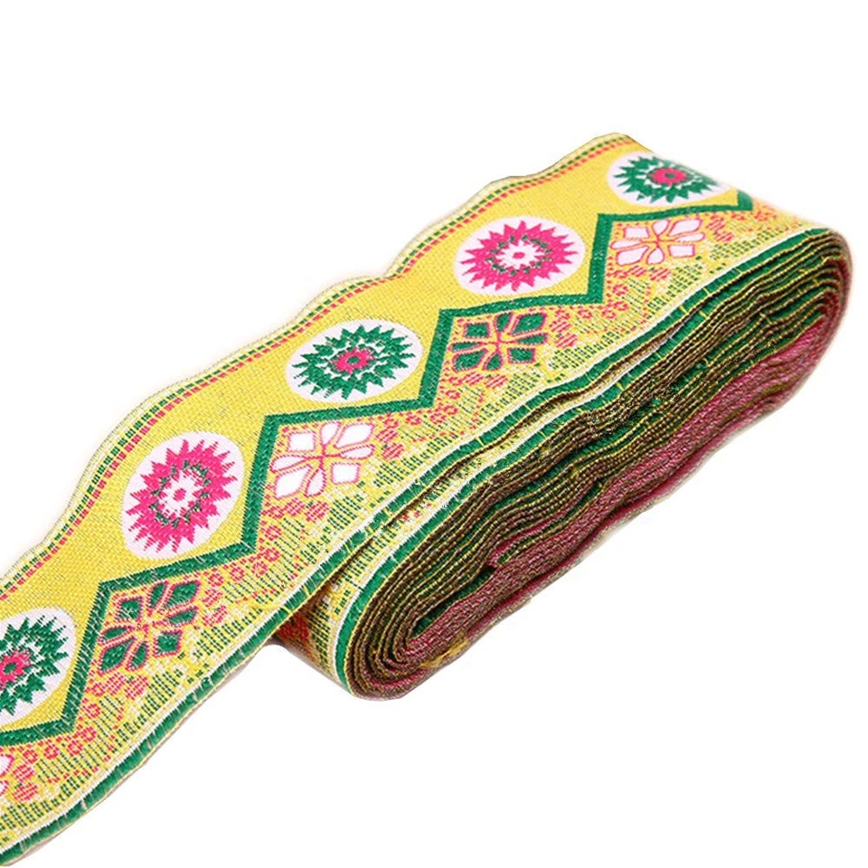 Sunrise Sunset Mountain Jacquard Ribbon Suzani Floral Trim 2" Gold 7 Yards - Image 1 of 4