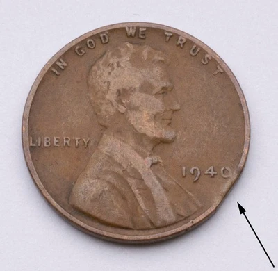1940 1c Clipped Planchet ERROR Wheat Penny - 1 cent - Image 1 of 3