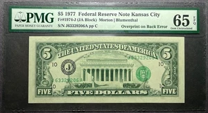 $5 1977 Federal Reserve Note Kansas City - Overprint on Back Error - PMG 65 EPQ - Picture 1 of 2
