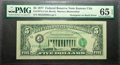 $5 1977 Federal Reserve Note Kansas City - Overprint on Back Error - PMG 65 EPQ - Image 1 of 2