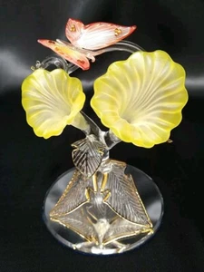 Gelbe Blume rosa Schmetterling handgeblasene Glasfigur Gold Detail Spiegelsockel - Bild 1 von 11