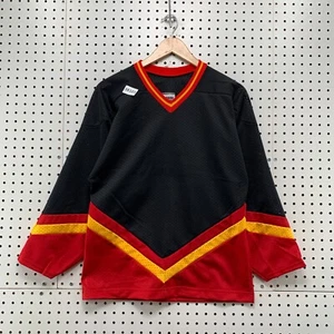 VTG 90s Athletic Blank Hockey Jersey Youth Medium Black Red Made USA 18x26 - Picture 1 of 13