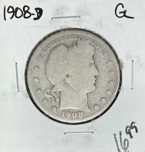 1908-D MEZZO DOLLARO ARGENTO BARBIERE ~ BUONO - Foto 1 di 2