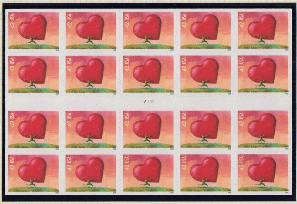 2008 Valentine Heart Sc 4270a 42c mint booklet pane of 20 plate number V1111 - Image 1 of 1