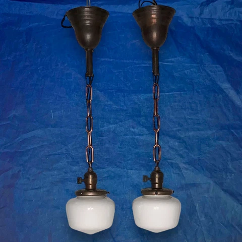 Antique Brass Pendant Light Pair Milk White Globes 82D Cover