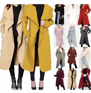 Italian Ladies Belted Duster Jacker Drape Trench Womens Tunic Long Coat Girls UK - Picture 1 of 37