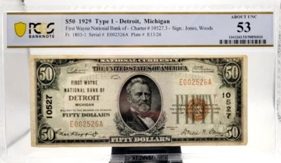 1929 $50 Detroit, MI US National Currency Note  Fr.1803-1 -PCGS AU53 POP 1! - Image 1 of 2