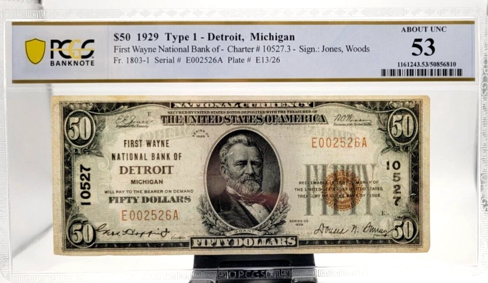 1929 $50 Detroit, MI US National Currency Note  Fr.1803-1 -PCGS AU53 POP 1! - Image 1 of 2