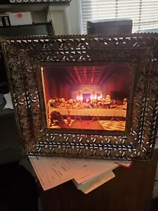 Vintage religiös Jesus Christus Letztes Abendmahl Bild Metall beleuchteter Rahmen 21 x 17" - Bild 1 von 3