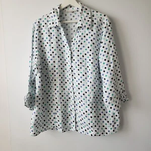 JM Collection womens top size 16W 100%Linen Polka Dots Print Tie Cuffs - Picture 1 of 9