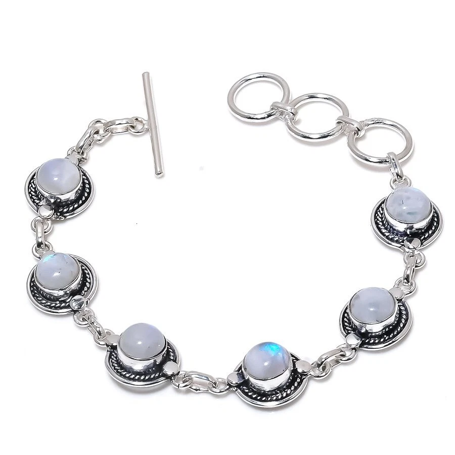 Rainbow Moonstone Gemstone Handmade 925 Sterling Silver Jewelry Bracelet Sz 7-8" - Image 1 of 1