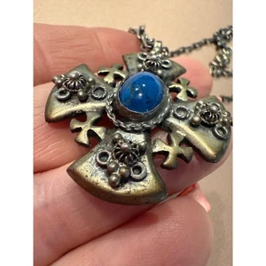 Collana croce argento 800 Gerusalemme vintage pietra blu ciondolo religioso - Foto 1 di 5