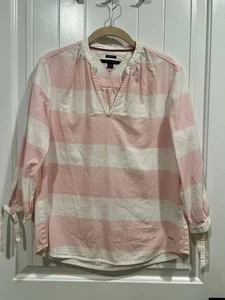 Tommy Hilfiger Damen Relaxed Fit Bluse Top Small rosa weiß gestreift V-Ausschnitt - Bild 1 von 14