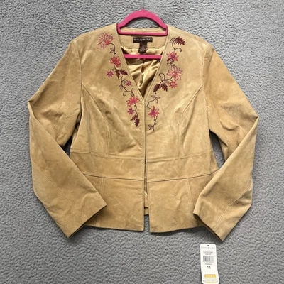 Y2K Floral Embroidered Suede Jacket Womens 14 Brown Leather Western Bandolino - Imagem 1 de 4