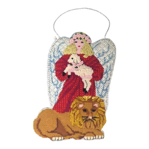 Angel w/Lion & Lamb Needlepoint Ornament | Joan Thomasson Peaceable Kingdom - Picture 1 of 5