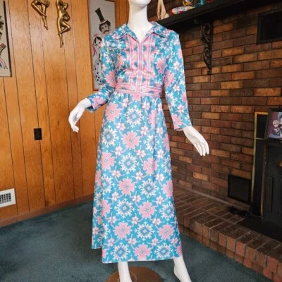 Vtg 60s Emilio Borghese Haute Bohemian Roman Holiday Tile Print Maxi Dress M/L - Image 1 of 4