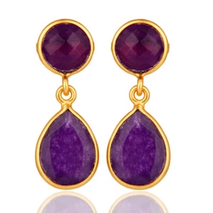 Purple Chalcedony Gemstone Yellow Gold Plated 925 Silver Dangle Earrings - Picture 1 of 3