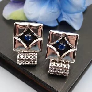 Vtg Blue Rhinestone Shadowbox Set Square Silver Tone Mesh Wrap Around Cufflinks - Picture 1 of 4