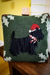 Laura Mergoz Chandler 4 Corners Wool Hooked Throw Pillow Scottie Dog Christmas - Picture 1 of 9