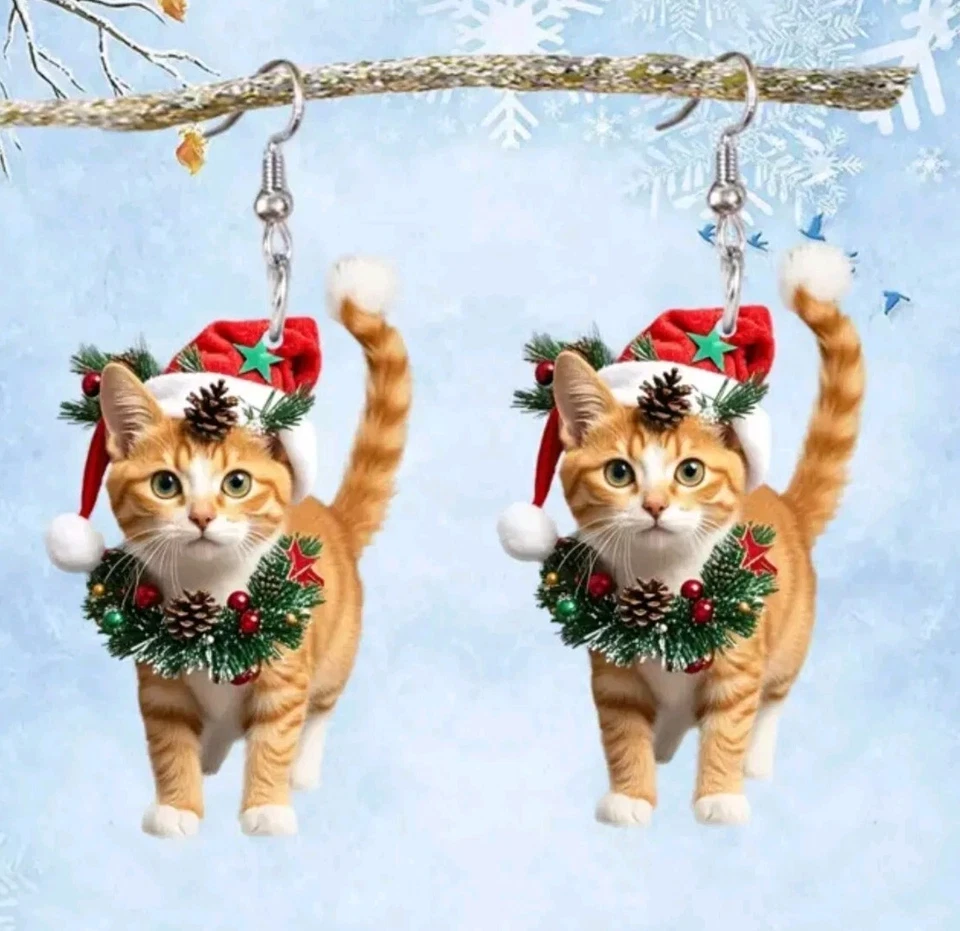 Pendientes Gato Naranja Navidad Acrílico Plano 2D Moda Joyería NUEVO Envío Gratis Foto 1 de 2
