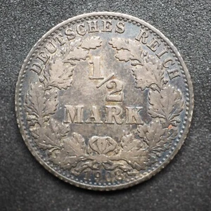 1908  A GERMANY  EMPIRE  SILVER 1/2 MARK - FREE SHIPPING! M6598 - Picture 1 of 2