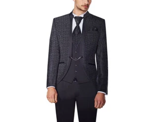 Mao Kragen Hochzeitsanzug mit Weste und Plastron Tailliert Gr.70 Schwarz - Bild 1 von 2