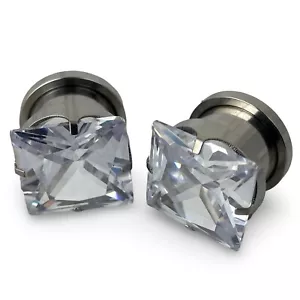 Pair of Prong Set 316L Steel Square CZ Screw on Plugs gauges - Picture 1 of 4