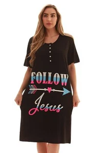 Womens 100% Cotton Short Sleeve Sleep Dress Nightgown Medium Black-Follow Jesus - Picture 1 of 5