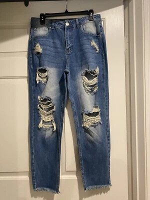 Hot Kiss Jeans High Rise Mom Juniors Size 9 Blue Distressed Raw Hem B82 - Image 1 of 4