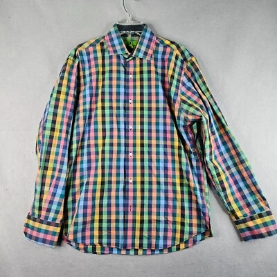 Bristol and Bull Dress Shirt Mens Large 16 Blue Plaid Colorful Bright Bold Chic - Image 1 of 4