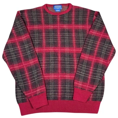 Pendleton Merino Wool Plaid Sweater Men's Size Large Red Black Classic Knit - Image 1 of 4