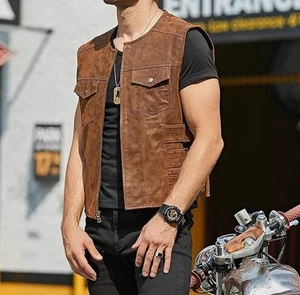 Chaleco de cuero de oveja genuino marrón vintage para hombre talla: M - Imagen 1 de 6