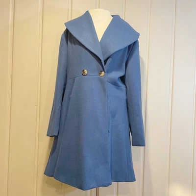 Abrigo Begonia K Azul Mezcla Lana Grande Chal Cuello Acampanado Midi Doble Botón Foto 1 de 4