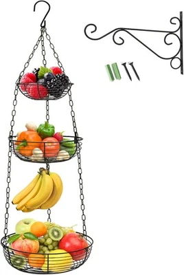 3 Tier Hanging Fruit Basket with Banana Hook, Heavy Duty Wire Hanging Baskets - Image 1 of 4